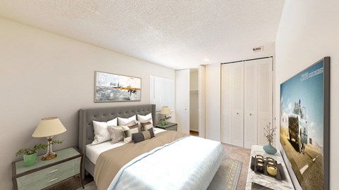 a bedroom with a large bed and a window