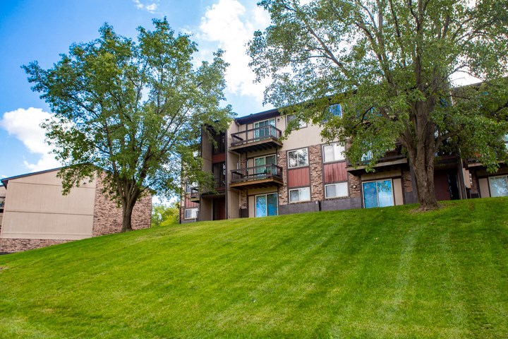 our apartments are located on the top of a hill with trees