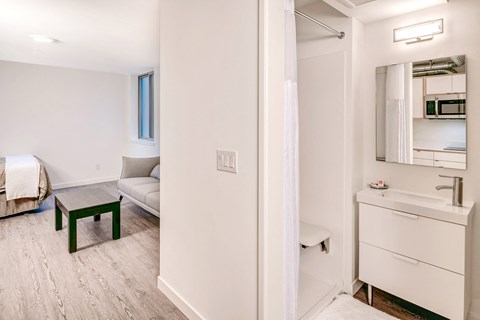 a bedroom with a sink and a mirror and a living room with a couch and