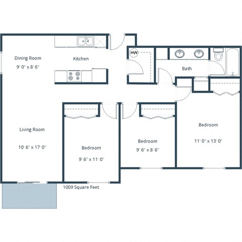 Village West Apartments | Three Bedroom Floor Plan