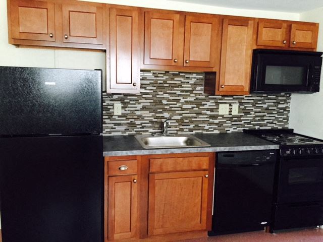 a kitchen with a black refrigerator and a sink