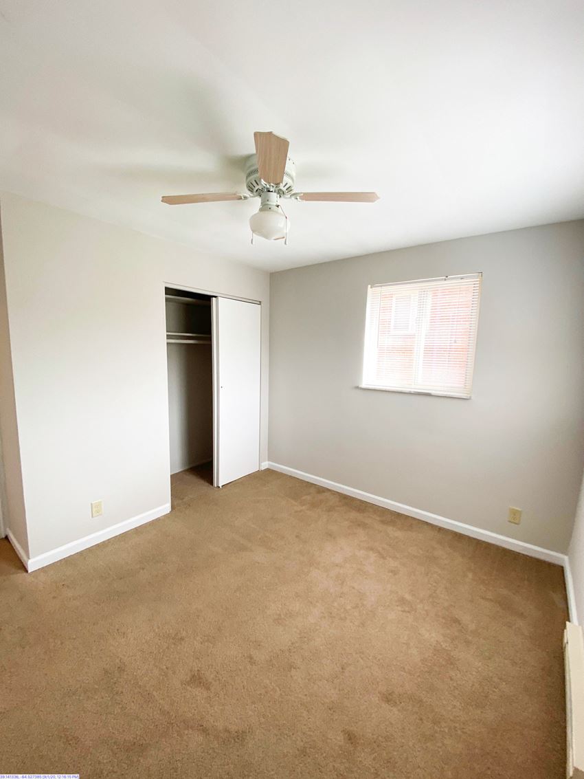 an empty room with carpet and a ceiling fan