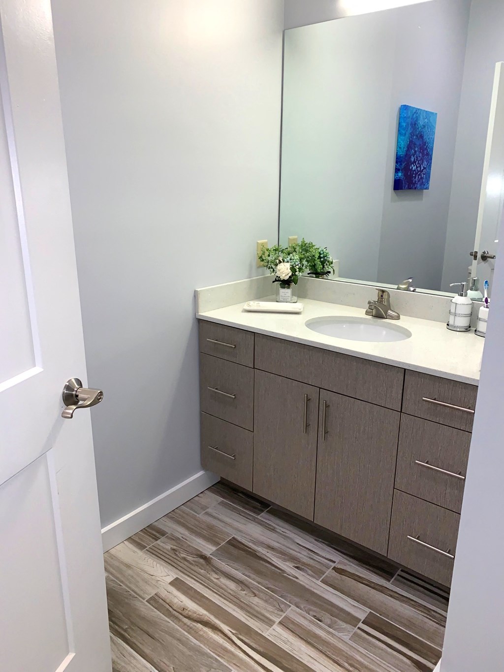 a bathroom with a sink and a mirror
