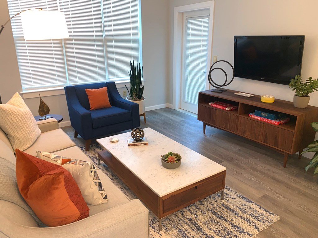 a living room with a couch and a tv