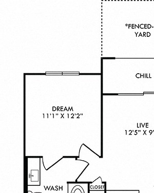 Aten with Fenced-in Yard Aten with Fenced-in Yard 1 bedroom floor plan apartment. Kitchen with peninsula island. dining-living space. bathroom with walk-in closet. in-unit washer/dryer. Balcony.