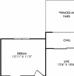 Brooks with Fenced-in Yard 3D Brooks with yard 2 bedroom floor plan with entry closet, L-shaped kitchen with Island and pantry cabinet, open to living area, 2 bathrooms one with tub one with shower and double sinks. washer/dry.
