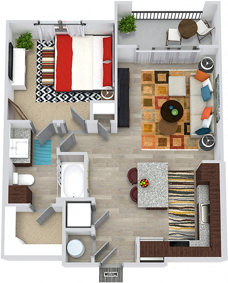 3D Hamer 1 Bedroom apartment floorplan. in-unit stacked washer/dryer, Lshaped kitchen with island open to Living area. hallway closet, 1 bathroom with linen cabinet and walk-in closet. Balcony.