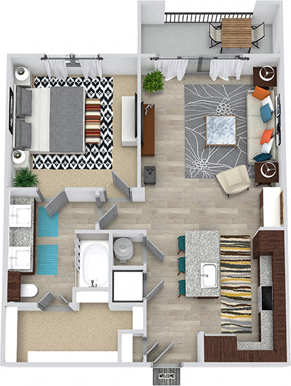 3D Hays 1 Bedroom floorplan apartment with entry closet. L-shaped kitchen with island, open to living area, 1 bath with double vanity sink and walk-in closet. in-unit laundry. balcony.