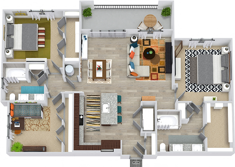 3D McCullouch 3 Bedroom floorplan. L-shaped kitchen with island and pantry. open to dining-living area. 1st shared bath with double sinks and tub. 2nd bath with double sinks. walk-in closets. Balcony