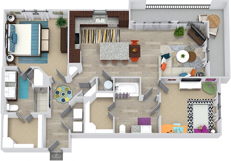 3D McNelly 2 Bedroom floorplan with hall closet, L-shaped kitchen with island, pantry cabinet, open to living,  2 baths - one with tub - one with shower, walk-in closets, in-unit washer/dryer. Balcony