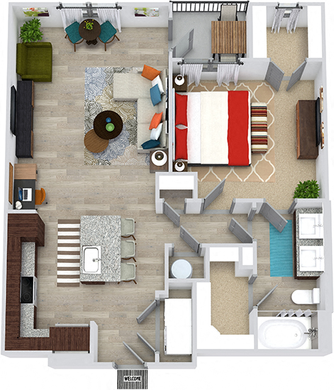 3D Wright 1 bedroom floor plan apartment with L-shaped kitchen with island and pantry cabinet, open to living-flex space, hall closet, one bath with double sinks and 2 walk-in closets. Balcony.