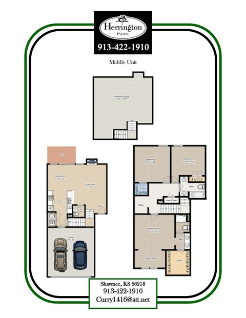 A floor plan for a property at Herrington Park with two units, one labeled Middle Unit and the other with a detailed layout including a garage and parking spaces.