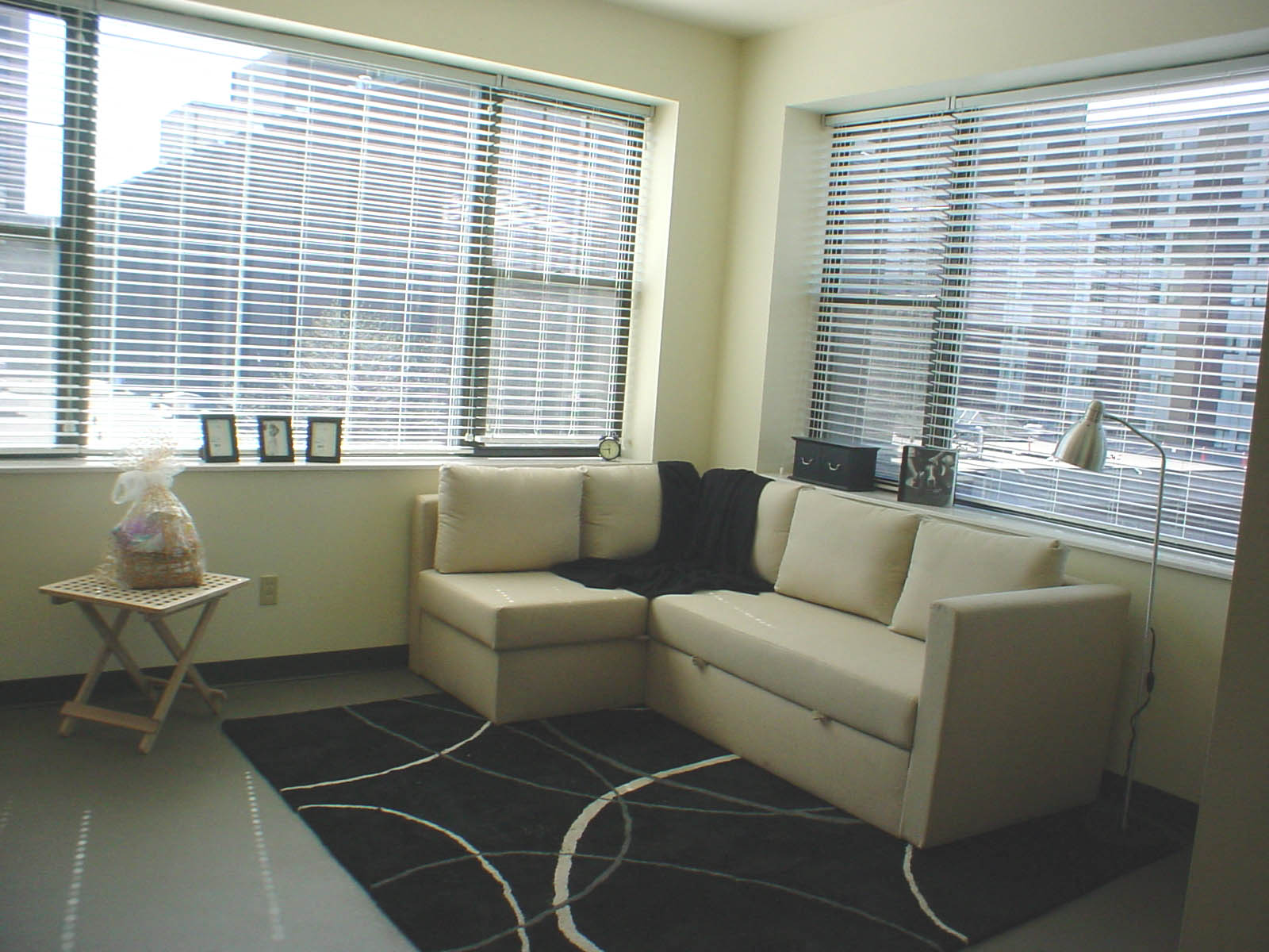 a living room with a couch and two windows