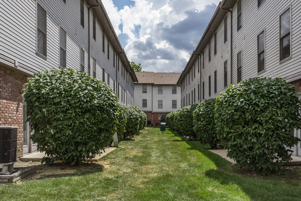 an exterior view of the courtyard of a building with trees