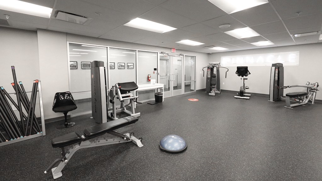a gym with weights and other exercise equipment in a building