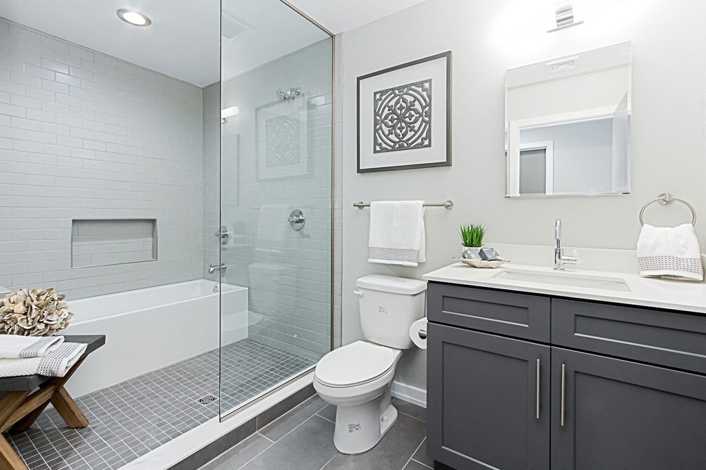 a bathroom with a shower and a toilet and a sink