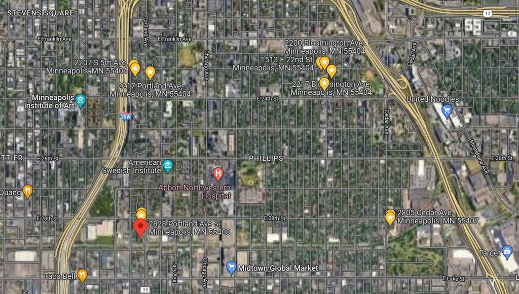 a map of a city with different colored circles on it