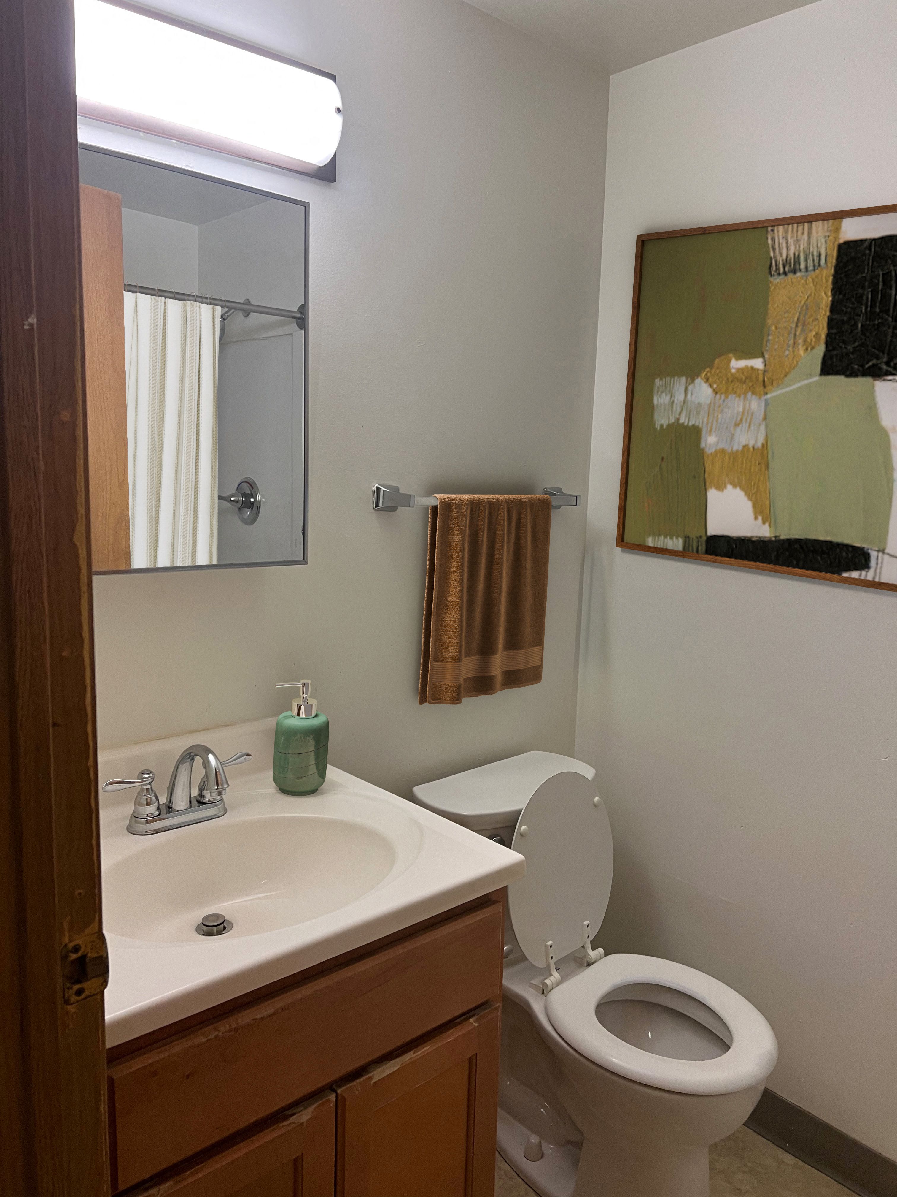 a small bathroom with a sink toilet and mirror