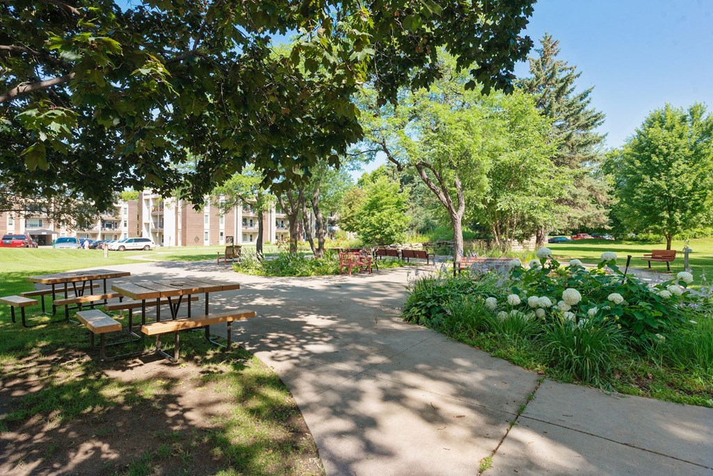 A sunny day at the park with picnic tables and green trees at Humboldt Senior 55+ Apartments, Saint Paul, 55107
