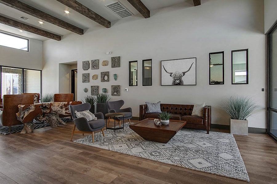 A living room with a brown couch and a rug.