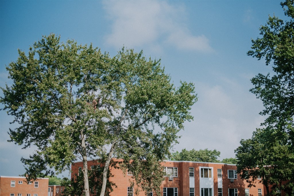 a large brick building with trees in front of it