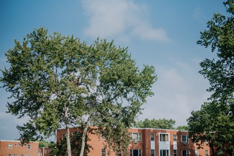 a large brick building with trees in front of it