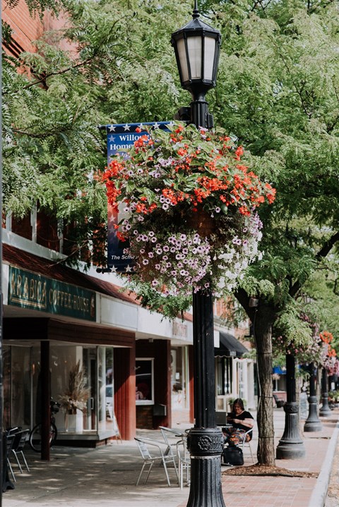 a hanging flower basket on a lamp post on a street