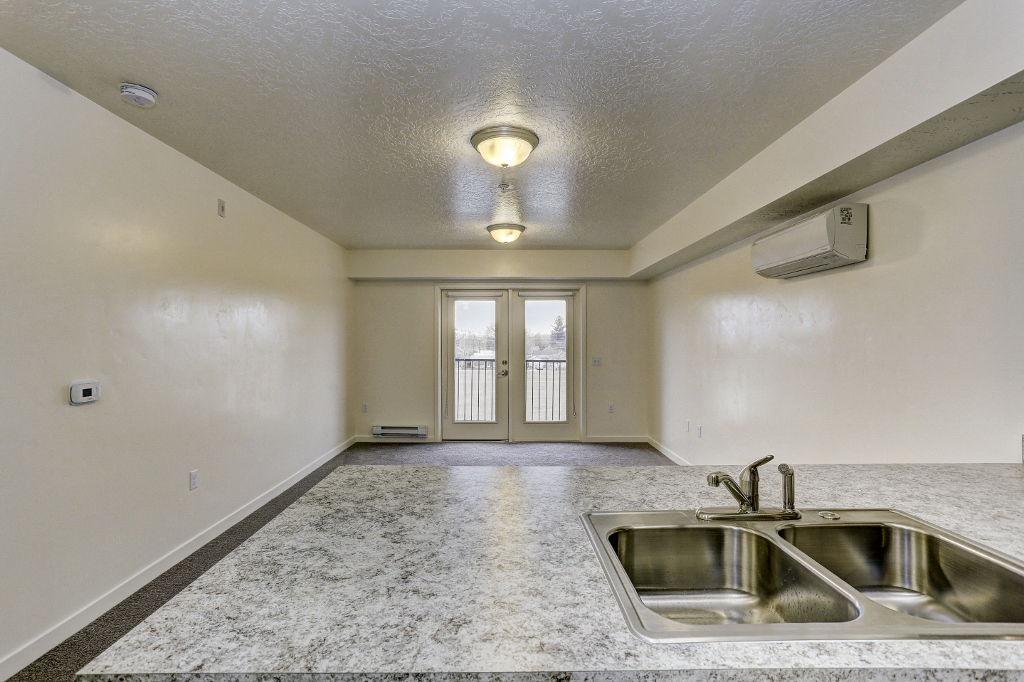 View into living room from kitchen counter
