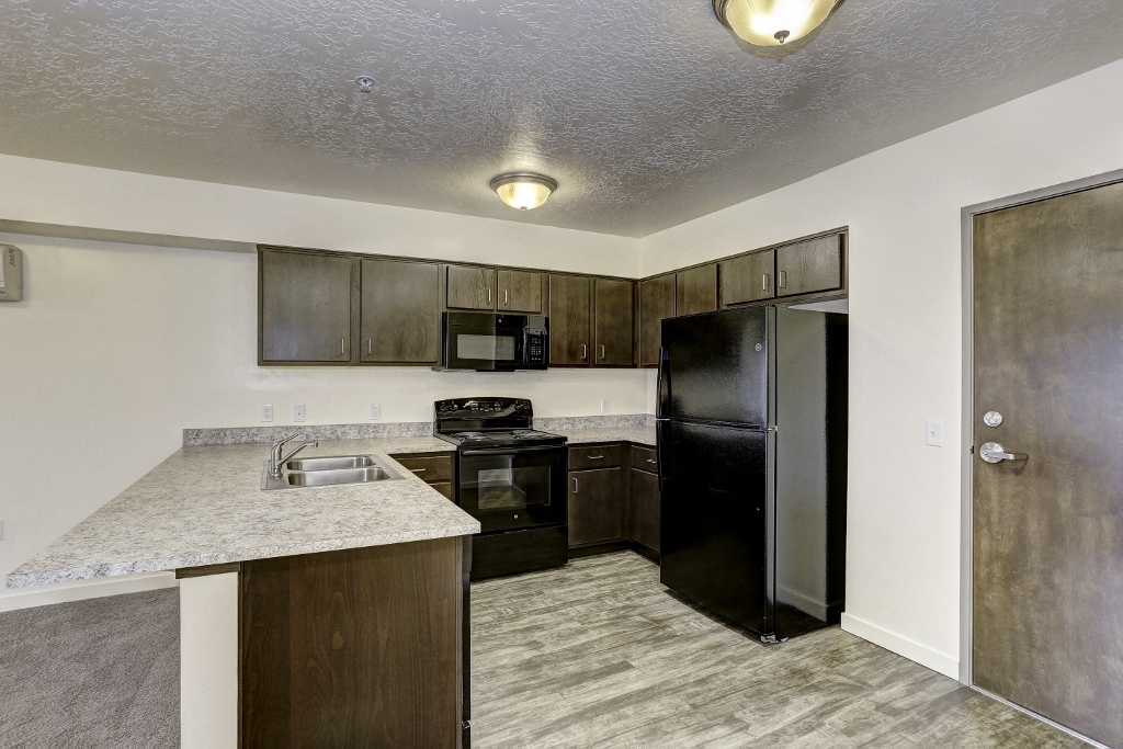 a kitchen with a black refrigerator and a sink