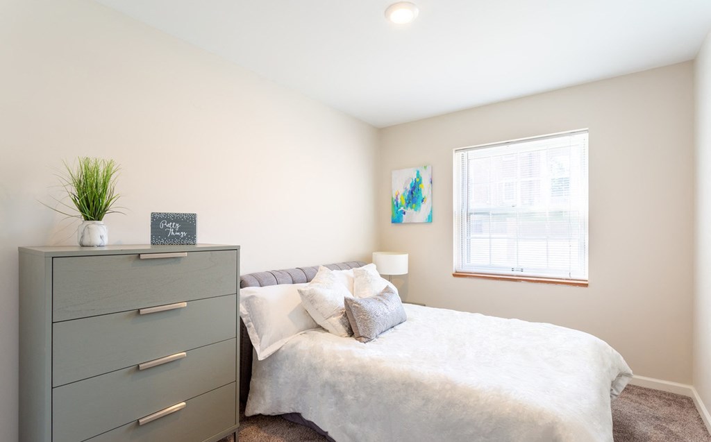 a bedroom with a bed and a dresser and a window