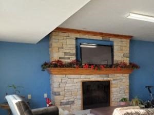 a living room with a fireplace and a couch