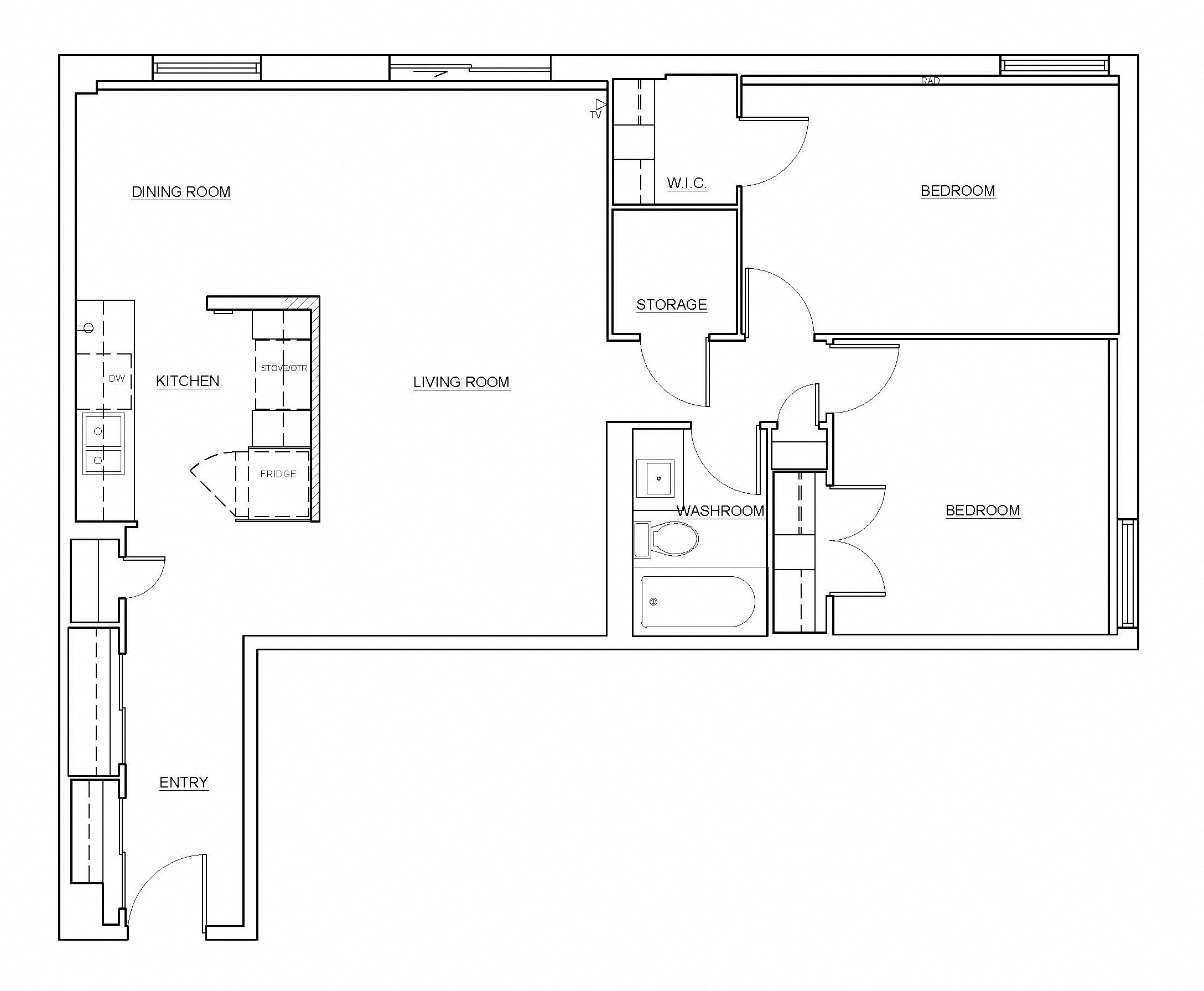 Two bedroom, one bathroom apartment layout at Millside Apartments in Milton, ON