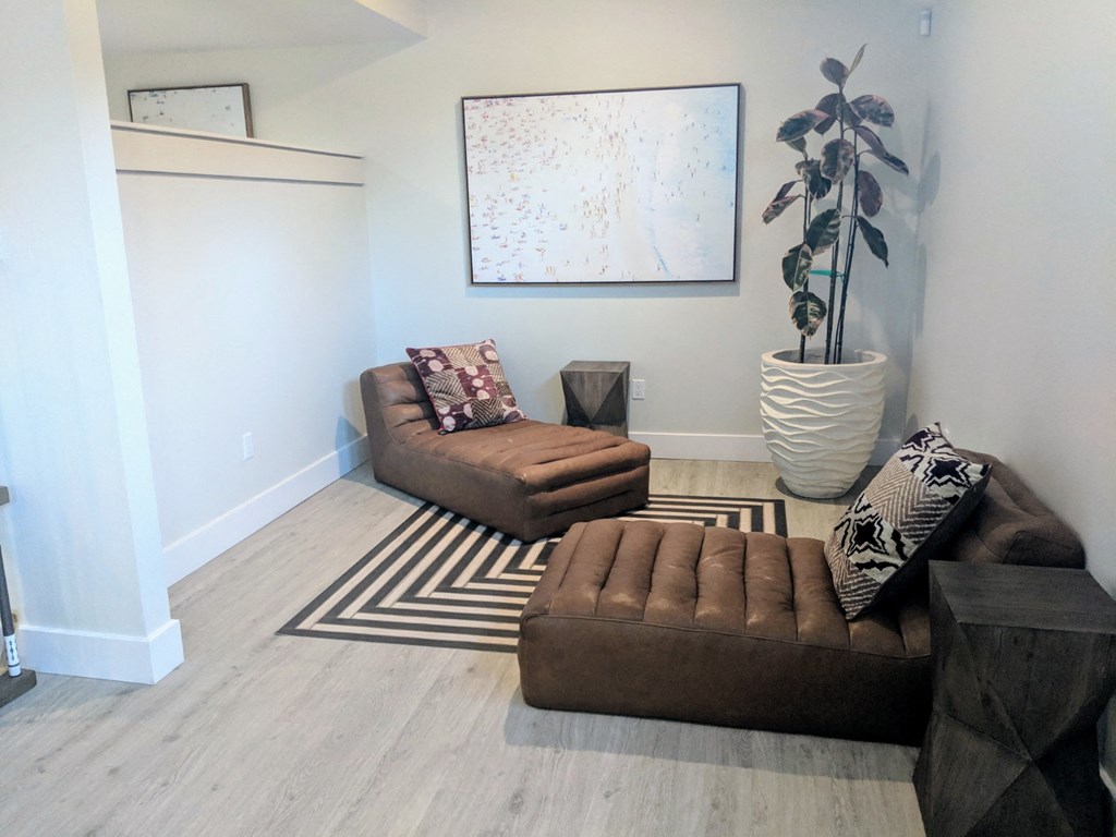 a living room with two brown couches and a rug