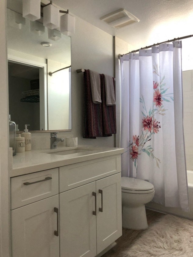 a bathroom with a sink toilet and a shower curtain