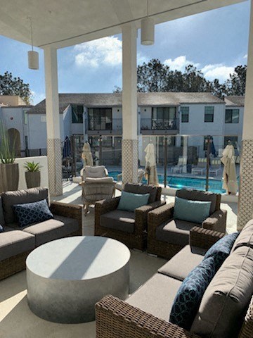 a patio with furniture and a swimming pool