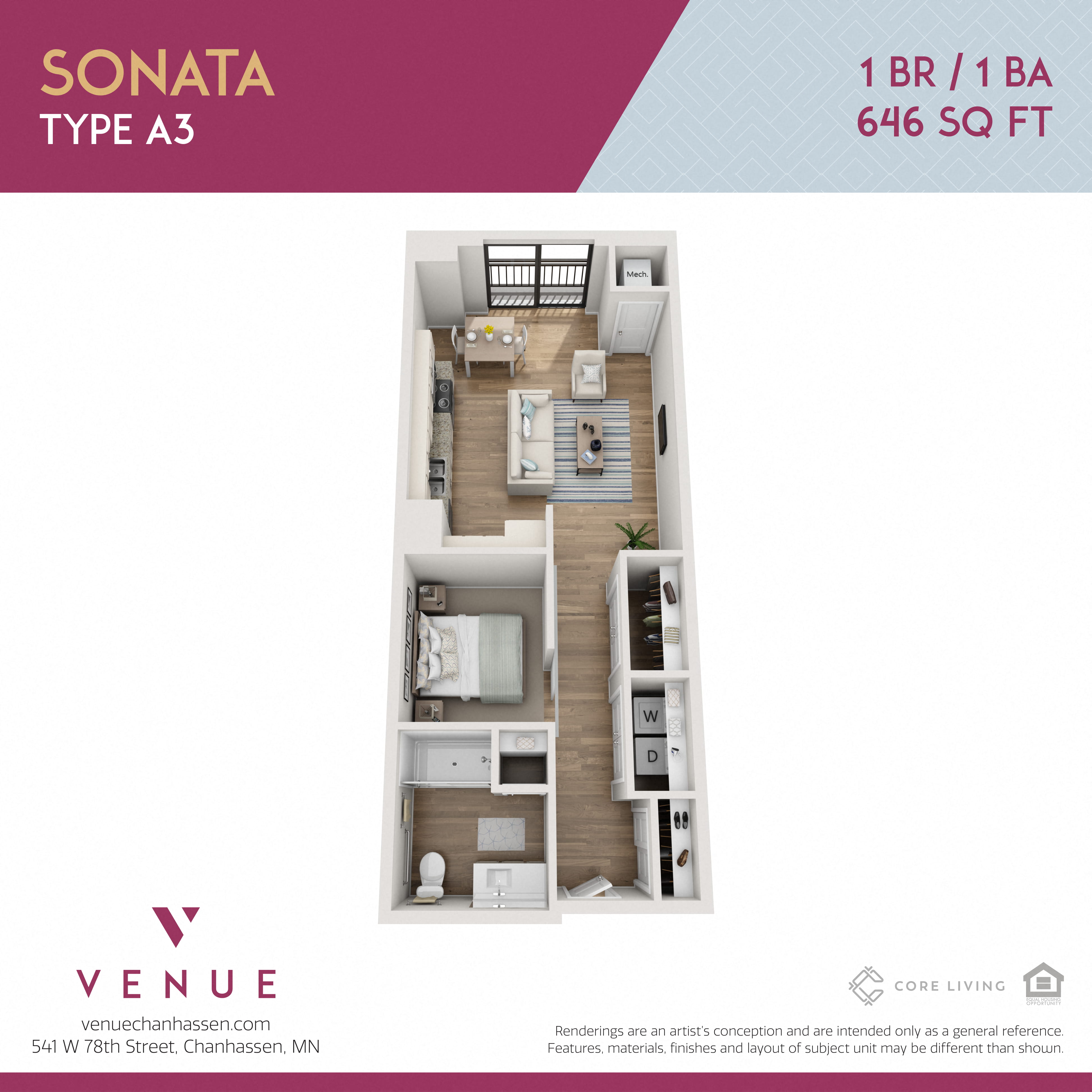 3D 1 Bed Floorplan for Venue Apartments in Chanhassen, MN