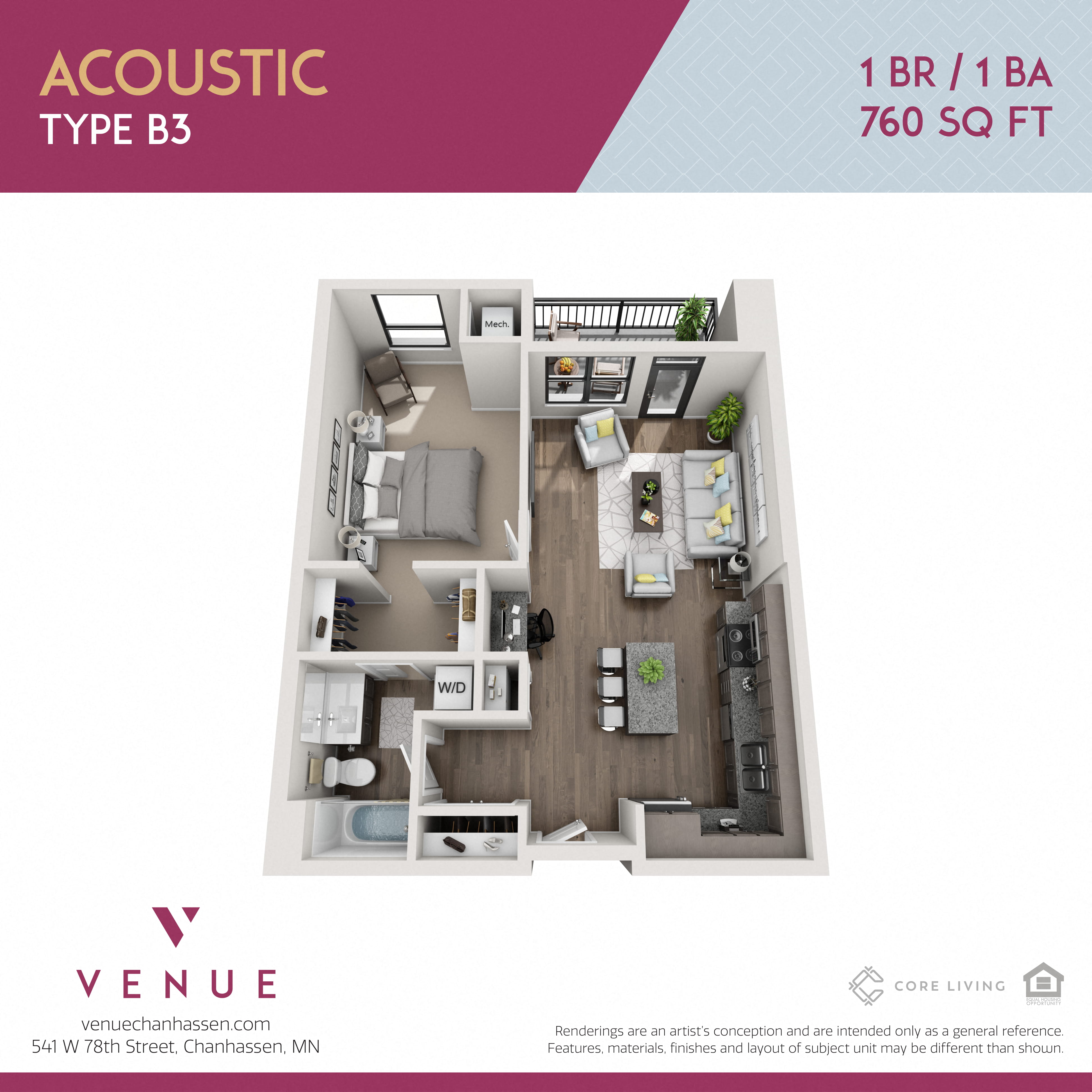 3D 1 Bed Floorplan for Venue Apartments in Chanhassen, MN