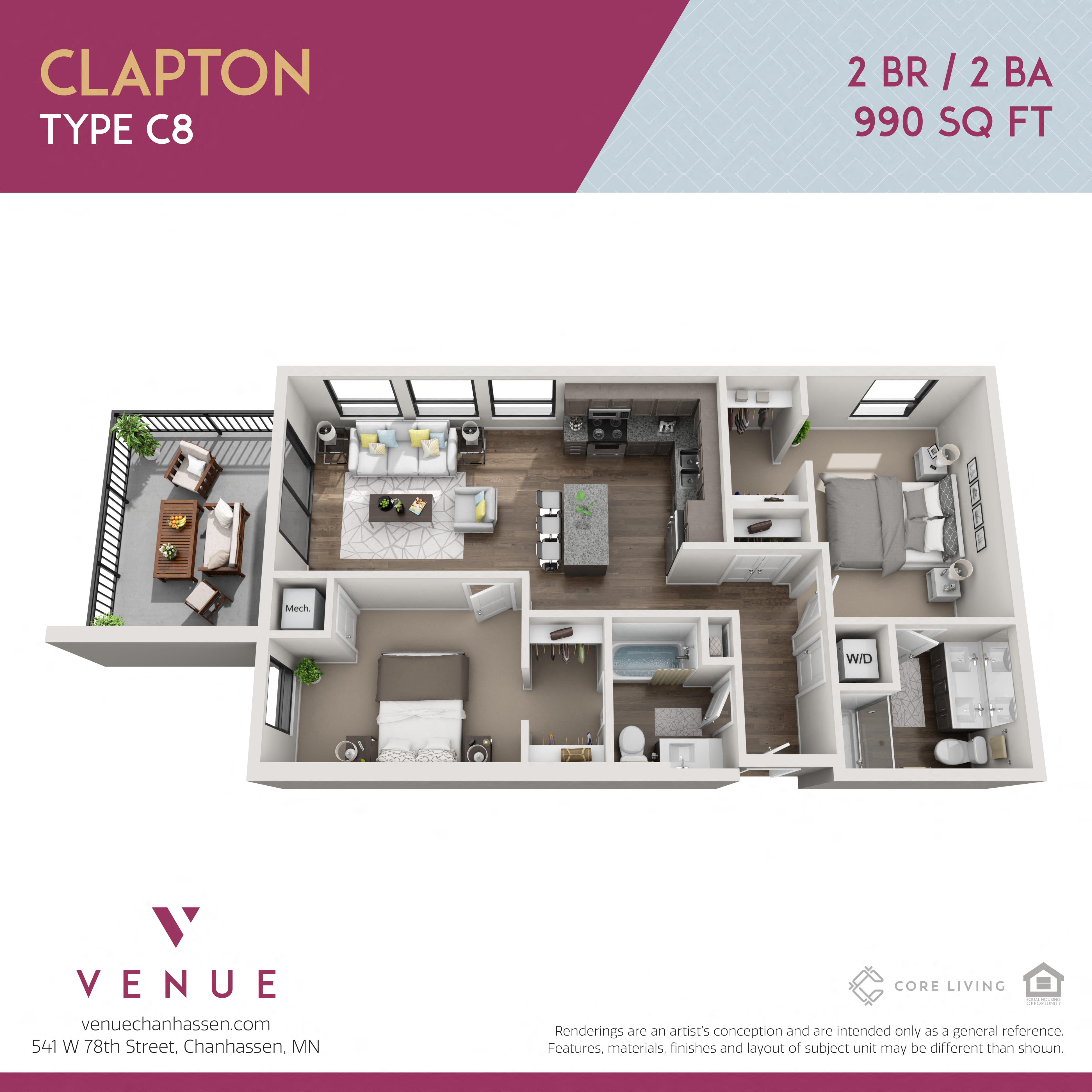 3D 2 Bed Floorplan for Venue Apartments in Chanhassen, MN