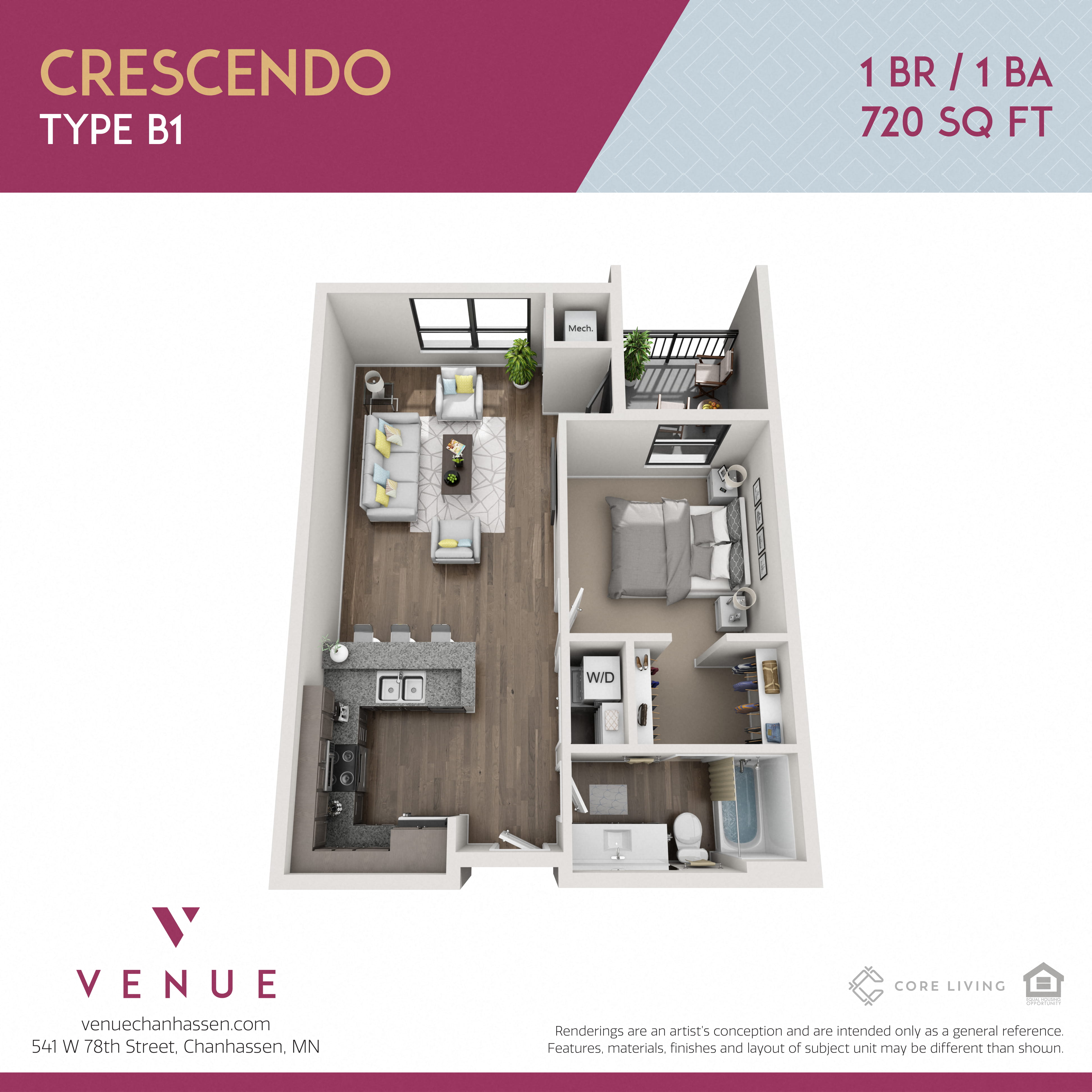 3D 1 Bed Floorplan for Venue Apartments in Chanhassen, MN