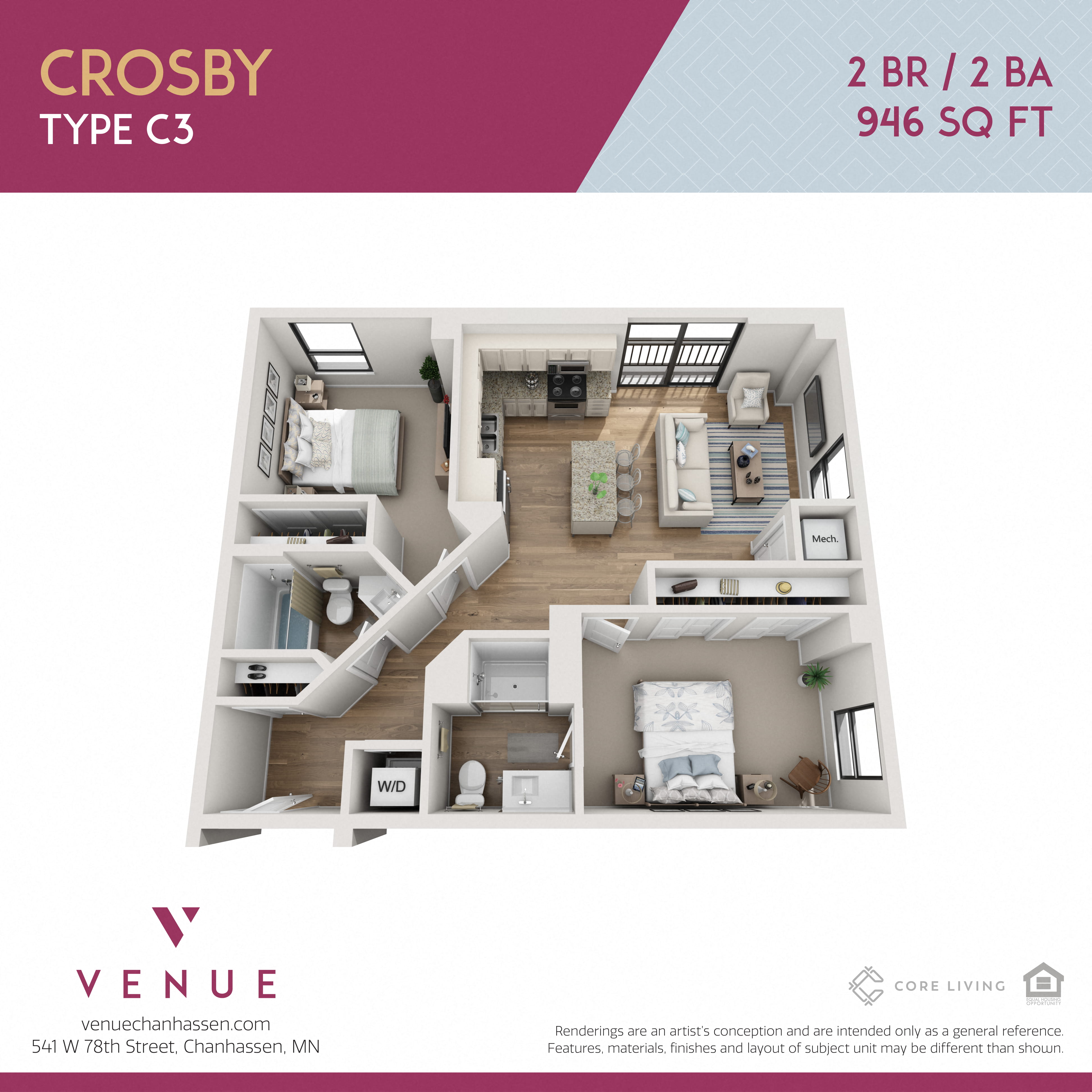 3D 2 Bed Floorplan for Venue Apartments in Chanhassen, MN