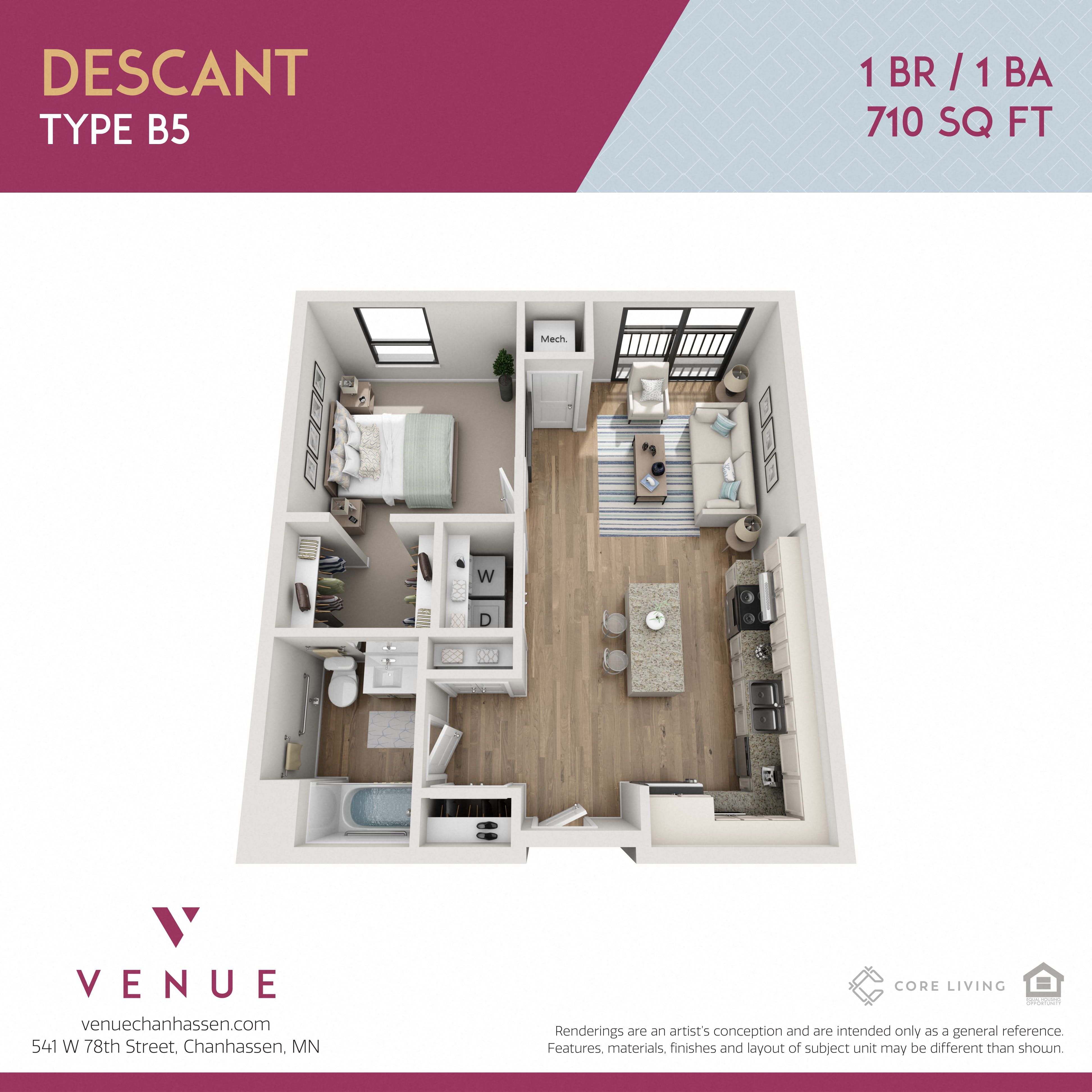 3D 1 Bed Floorplan for Venue Apartments in Chanhassen, MN