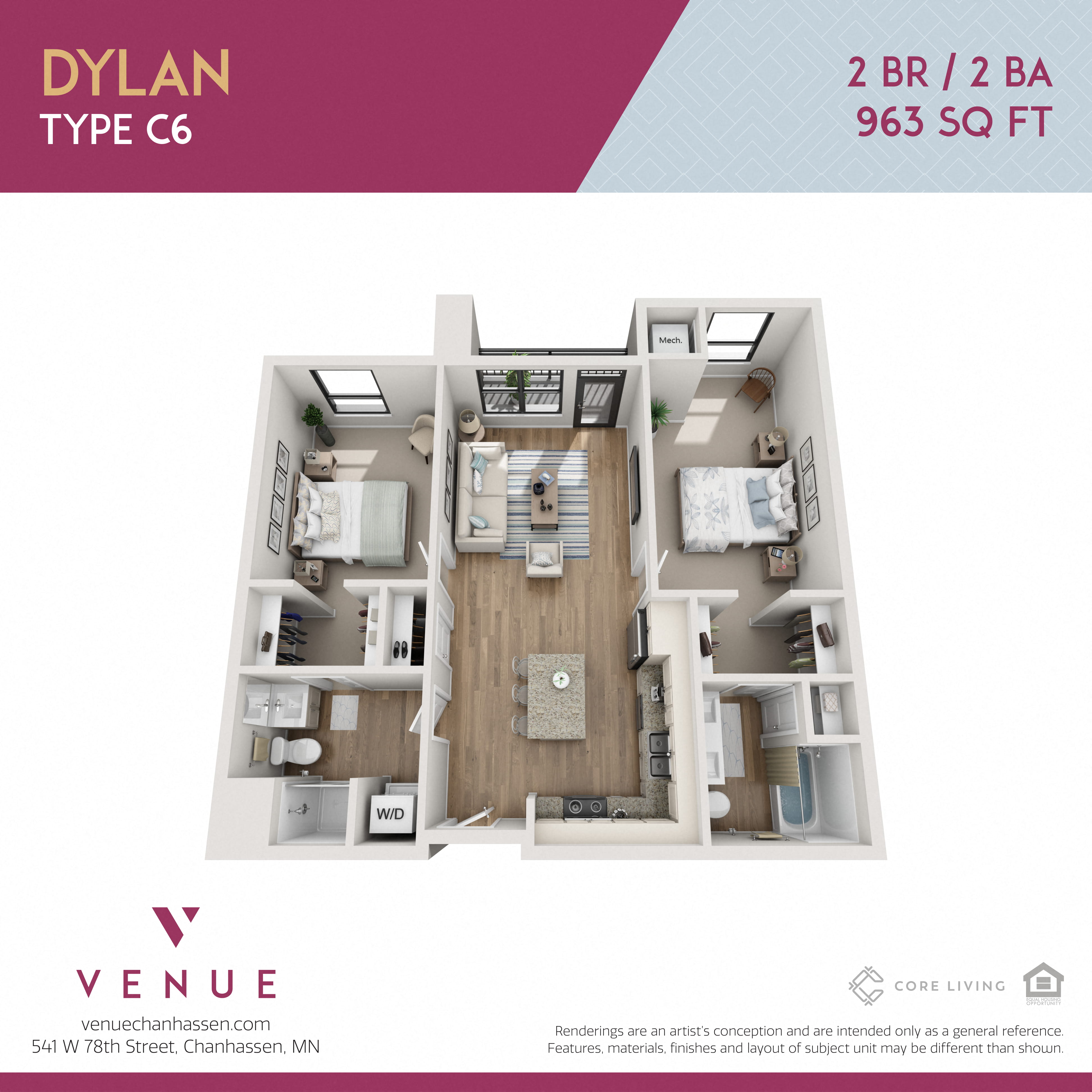 3D 2 Bed Floorplan for Venue Apartments in Chanhassen, MN