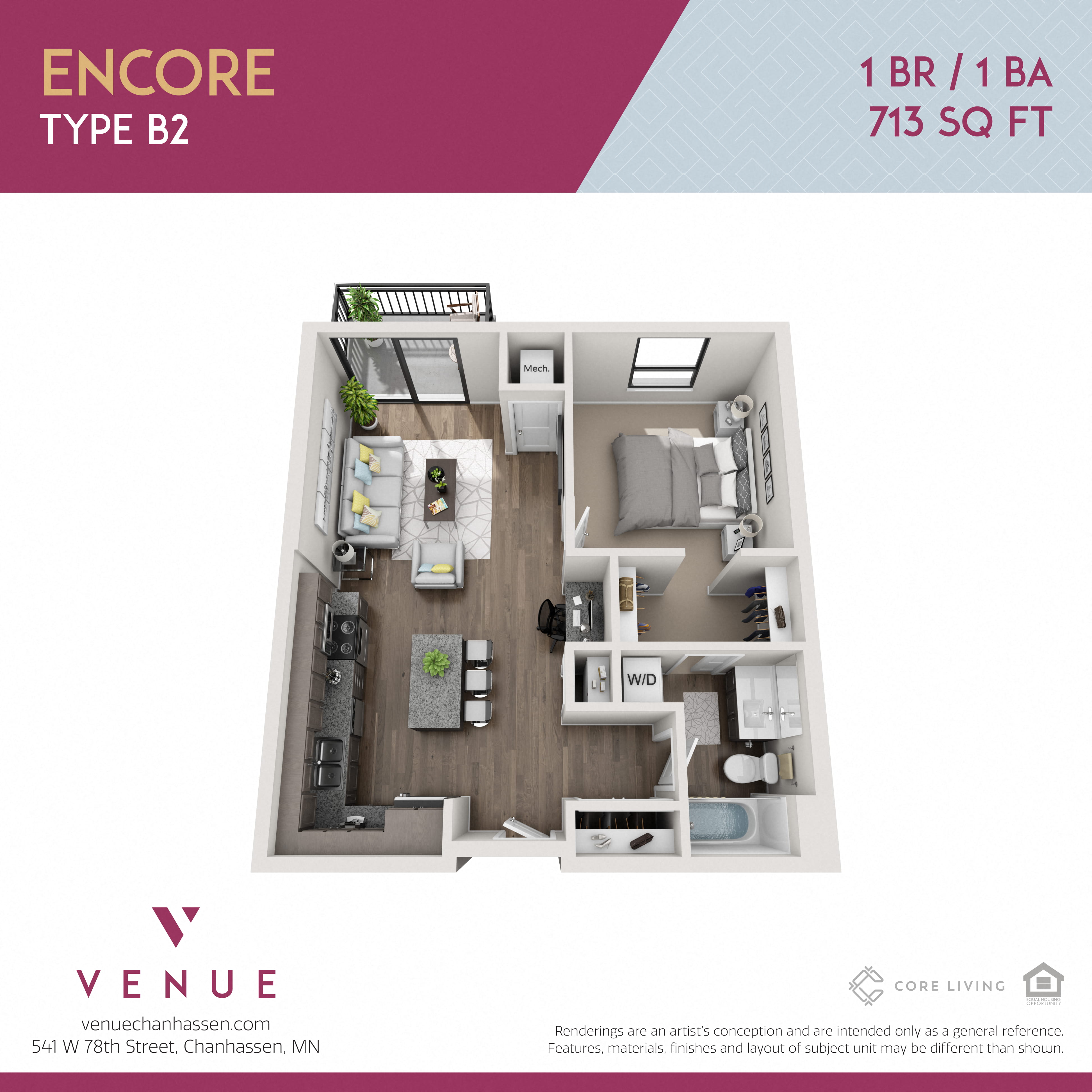 3D 1 Bed Floorplan for Venue Apartments in Chanhassen, MN
