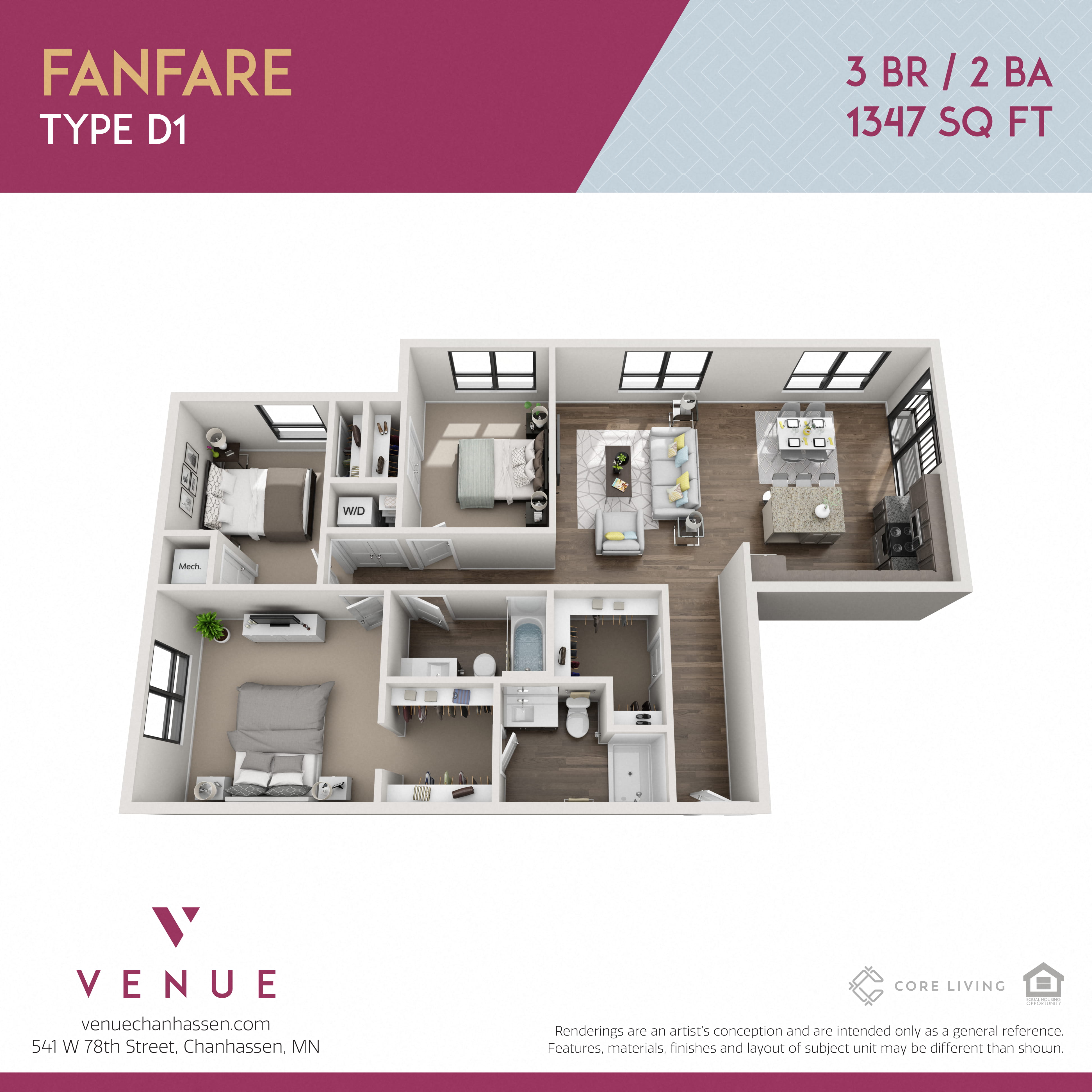 3D 3 Bed Floorplan for Venue Apartments in Chanhassen, MN