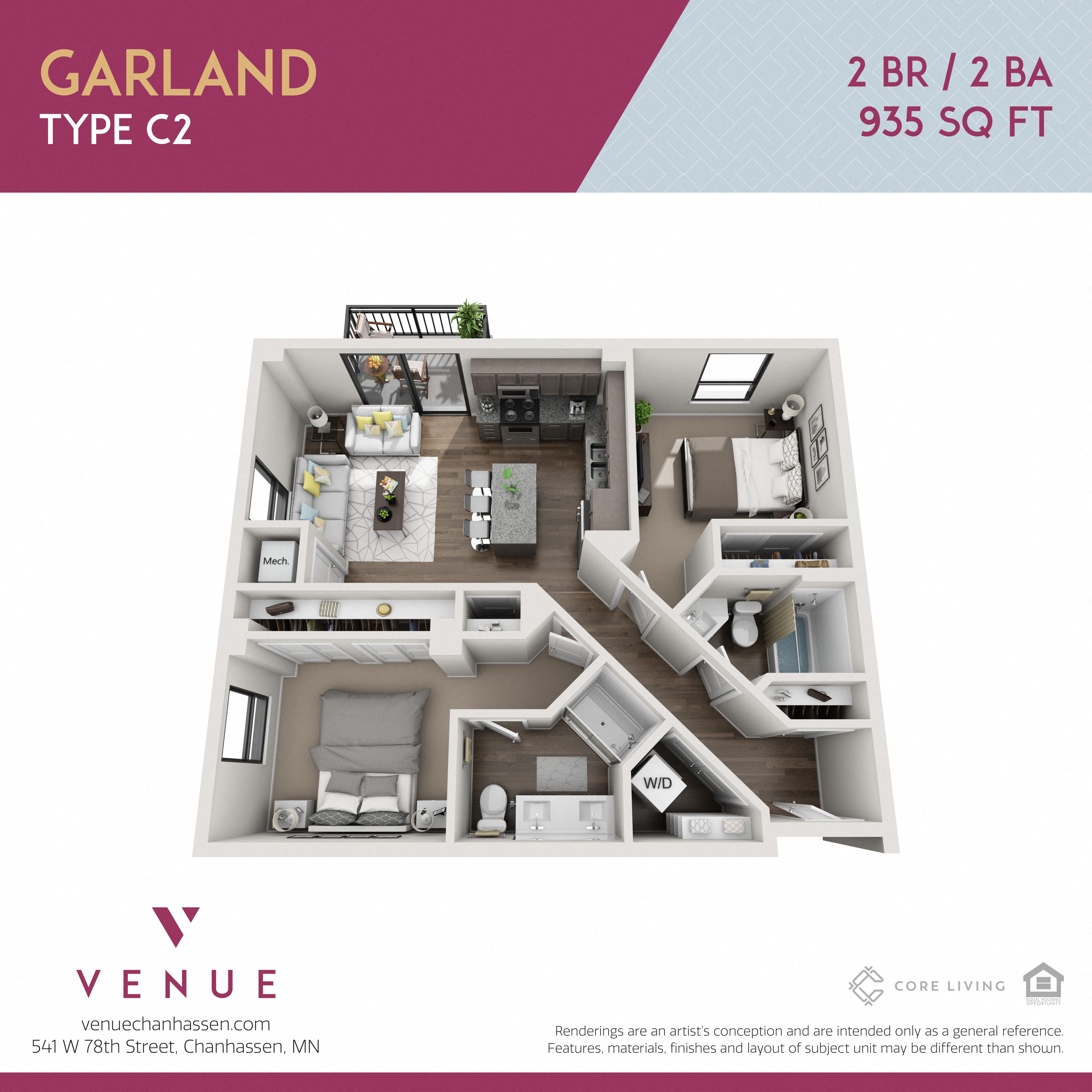 3D 2 Bed Floorplan for Venue Apartments in Chanhassen, MN