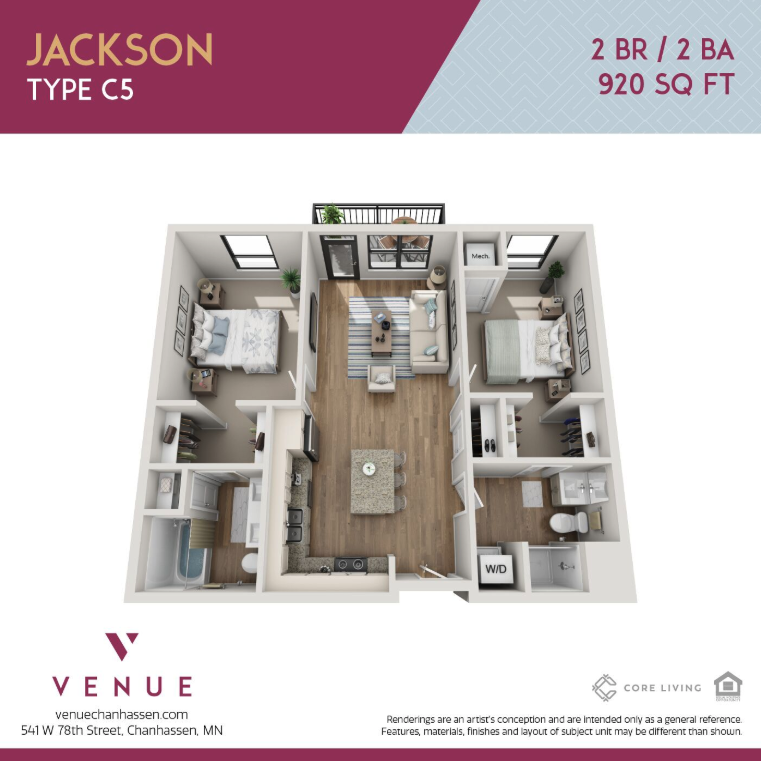 3D 2 Bed Floorplan for Venue Apartments in Chanhassen, MN