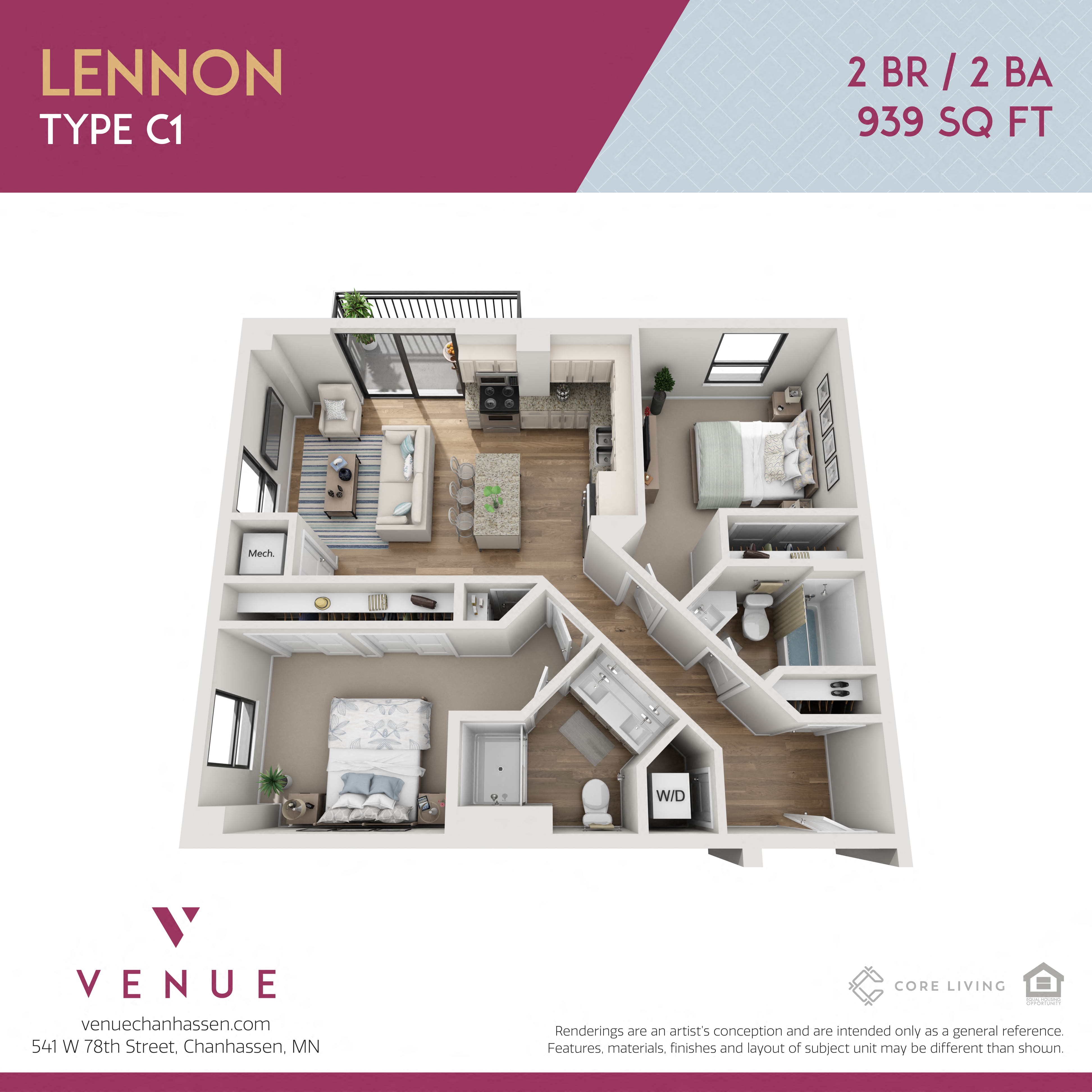 3D 2 Bed Floorplan for Venue Apartments in Chanhassen, MN