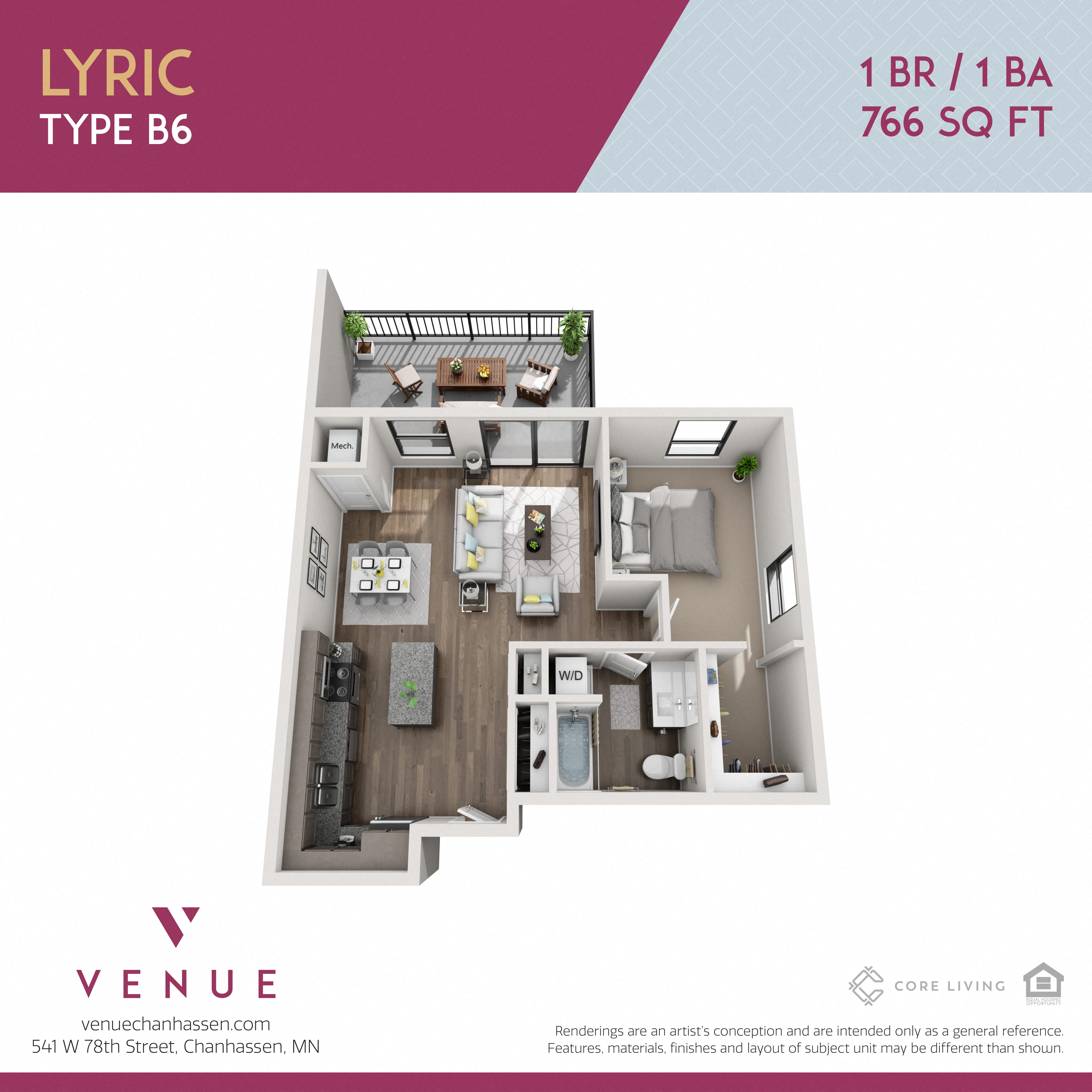 3D 1 Bed Floorplan for Venue Apartments in Chanhassen, MN
