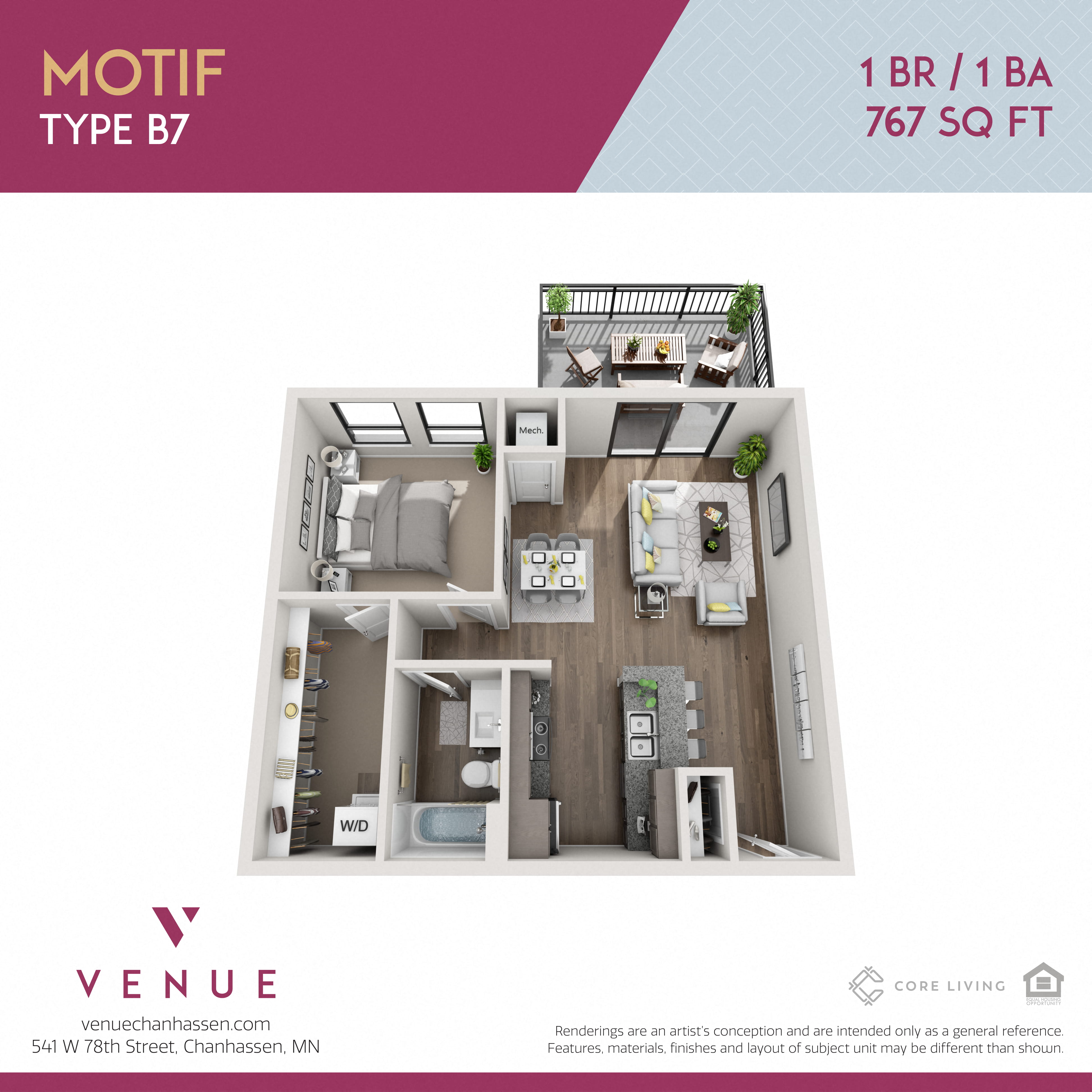3D 1 Bed Floorplan for Venue Apartments in Chanhassen, MN
