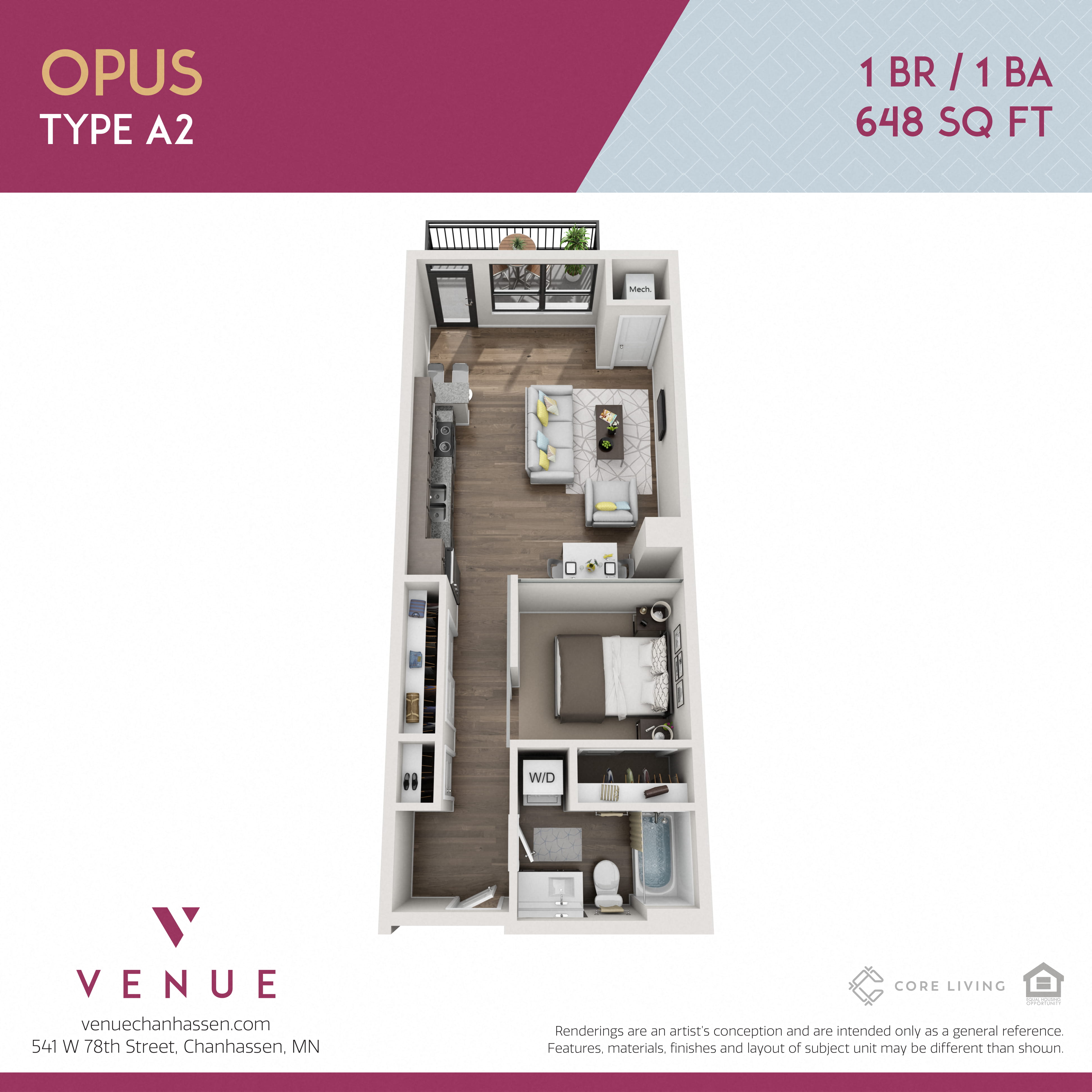 3D 1 Bed Floorplan for Venue Apartments in Chanhassen, MN